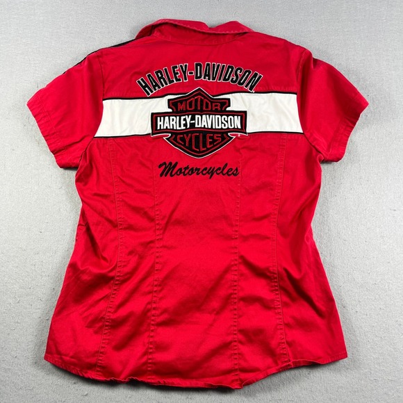 Harley Davidson Womens Red Full Zip Short Sleeve Mechanic Shirt Embroidered M - Picture 7 of 7